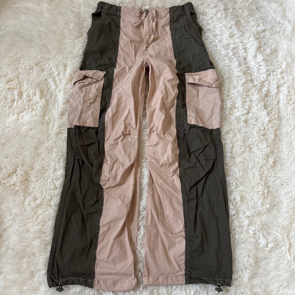 Happily Grey Colorblock Cargo Pants Olive Pink Wide Leg Drawstring Size Medium